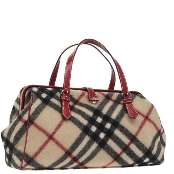 BURBERRY Nova Check Hand Bag Wool Leather Beige Red - Picture 1 of 16